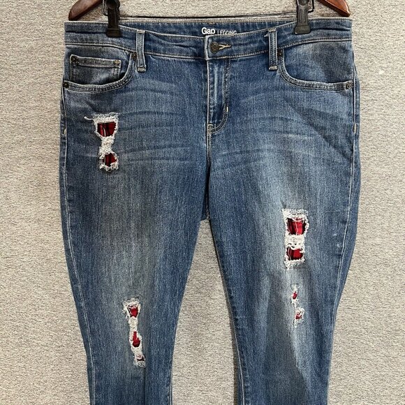 Gap Jeans Womens Legging Sz 12 Distressed Plaid Patches Medium Wash Denim - Picture 3 of 15